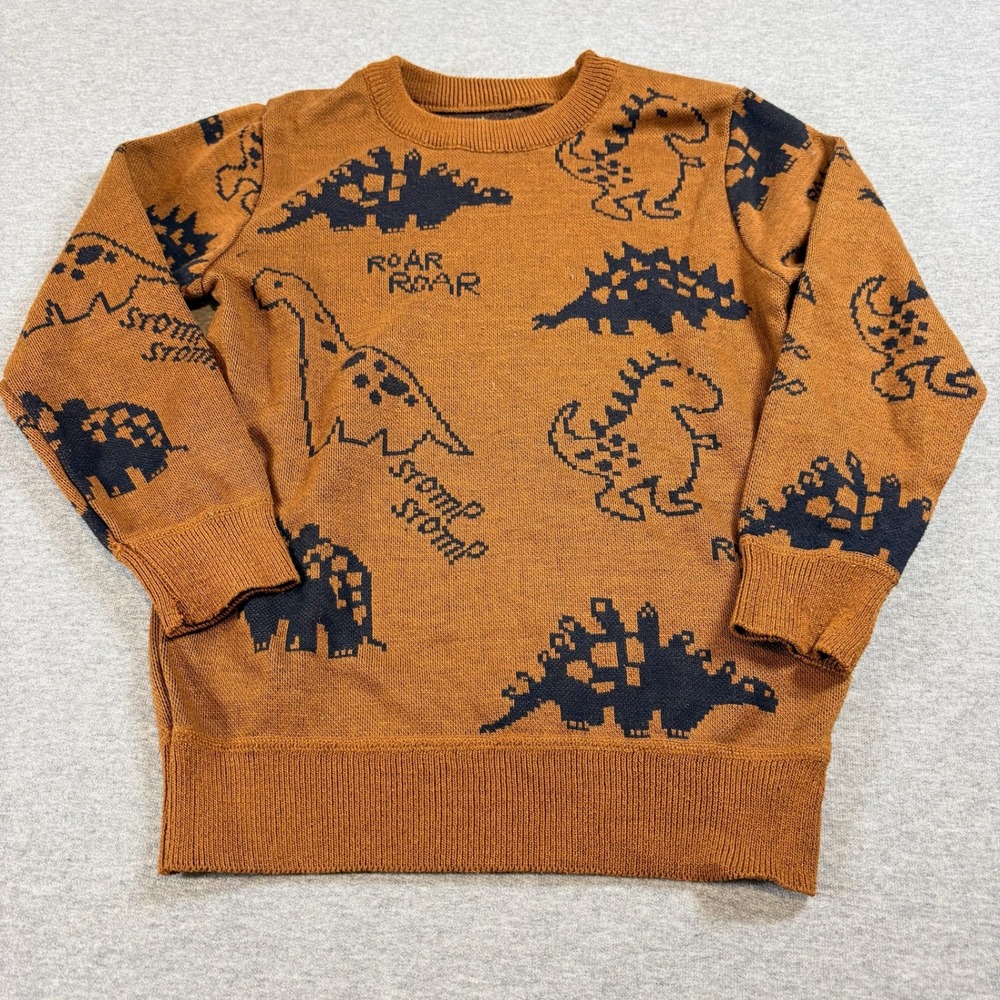 Craft + Flow Dinosaur Sweater Little Boy 5 Brown Knit Roar Stomp Pullover